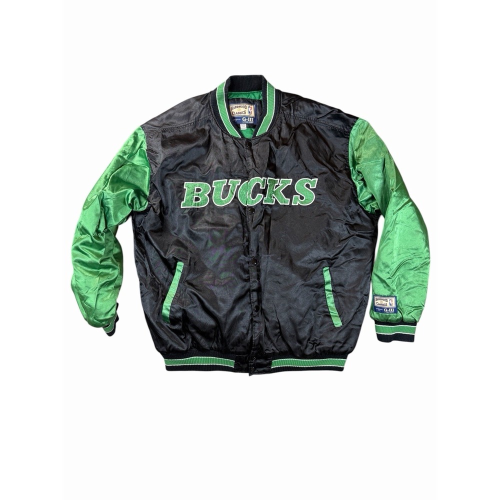 Vintage Milwaukee Bucks Satin Jacket G-III NBA Black Green Mens Large